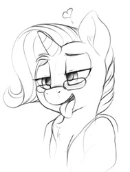 Size: 736x975 | Tagged: safe, artist:dimfann, derpibooru exclusive, oc, oc only, oc:yodi, pony, unicorn, clothes, glasses, grayscale, heart, hoodie, lidded eyes, male, monochrome, simple background, solo, tongue out, white background