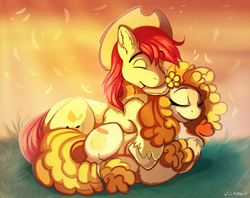 Size: 3000x2378 | Tagged: safe, artist:tai-l-rodriguez, bright mac, pear butter, earth pony, pony, g4, the perfect pear, cowboy hat, cuddling, ear bite, female, hat, high res, male, mare, prone, ship:brightbutter, shipping, smiling, stallion, stetson, straight