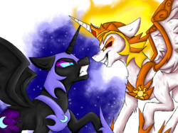 Size: 2048x1536 | Tagged: safe, artist:laikaraccoon, daybreaker, nightmare moon, alicorn, pony, a royal problem, g4, floppy ears, flying, frown, glare, grin, gritted teeth, nose wrinkle, royal sisters, simple background, smiling, transparent background