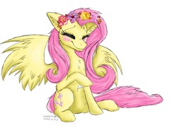 Size: 2048x1536 | Tagged: safe, artist:laikaraccoon, fluttershy, pegasus, pony, g4, cute, eyes closed, female, floral head wreath, flower, mare, raised hoof, shyabetes, simple background, smiling, solo, white background