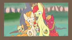 Size: 1024x579 | Tagged: safe, artist:chezamoon18, apple bloom, applejack, big macintosh, bright mac, pear butter, earth pony, pony, g4, the perfect pear, baby, baby pony, colt, family photo, female, filly, heart eyes, male, mare, picture frame, ship:brightbutter, shipping, stallion, straight, wingding eyes