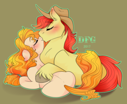 Size: 2348x1939 | Tagged: safe, artist:dragonfoxgirl, bright mac, pear butter, earth pony, pony, g4, the perfect pear, blushing, cute, female, husband and wife, kiss on the lips, kissing, male, mare, ship:brightbutter, shipping, stallion, straight