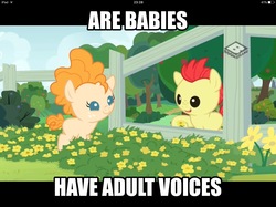 Size: 1494x1117 | Tagged: safe, edit, edited screencap, screencap, bright mac, pear butter, earth pony, pony, g4, the perfect pear, baby, baby pony, caption, duckery in the description, female, foal, grammar error, male, ship:brightbutter, shipping, straight