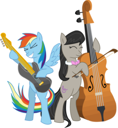 Size: 2438x2625 | Tagged: safe, artist:quadren4, octavia melody, rainbow dash, pony, g4, bipedal, bow (instrument), cello, guitar, high res, musical instrument, simple background, transparent background, vector