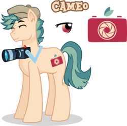 Size: 909x900 | Tagged: safe, artist:pandamoniyum, oc, oc only, oc:cameo, pony, camera, offspring, parent:braeburn, parent:marble pie, simple background, solo, transparent background