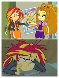 Size: 3106x4096 | Tagged: safe, edit, edited screencap, screencap, adagio dazzle, sunset shimmer, equestria girls, g4, my little pony equestria girls, my little pony equestria girls: rainbow rocks, clothes, comic, fingerless gloves, gloves, headband, high res, jacket, jewelry, leather jacket, pendant, poster, screencap comic, skirt, spikes