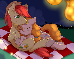 Size: 2500x2000 | Tagged: safe, artist:fearingfun, bright mac, pear butter, earth pony, pony, g4, season 7, the perfect pear, cowboy hat, cuddling, cute, eyes closed, female, hat, high res, husband and wife, male, mare, ship:brightbutter, shipping, stallion, stetson, straight