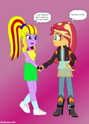 Size: 2500x3500 | Tagged: safe, artist:robukun, sunset shimmer, oc, oc:melody, equestria girls, g4, boots, clothes, cute, headphones, high heel boots, high res, jacket, leather jacket, looking at each other, open mouth, raised leg, shoes, socks