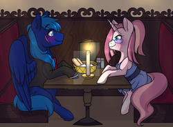 Size: 1024x753 | Tagged: safe, artist:twisted-sketch, oc, oc only, oc:kendra heart, oc:soul flyer, pegasus, pony, unicorn, blushing, candle, clothes, commission, glasses, soulheart, watermark