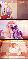 Size: 2344x4987 | Tagged: safe, artist:magnaluna, princess celestia, twilight sparkle, oc, oc:nube, alicorn, pegasus, pony, g4, baby, baby pony, canterlot, castle, comic, female, foal, high res, lesbian, magical lesbian spawn, mare, newborn, next generation, offspring, pale belly, parent:princess celestia, parent:twilight sparkle, parents:twilestia, pegasus oc, ship:twilestia, shipping, twilight sparkle (alicorn)