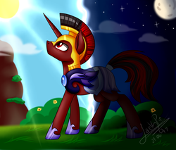Size: 2000x1700 | Tagged: safe, artist:jack-pie, oc, oc only, pony, unicorn, armor, commission, day, helmet, looking up, night, night guard, red and black oc, signature, solo