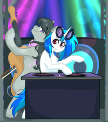 Size: 1024x1159 | Tagged: safe, artist:twisted-sketch, dj pon-3, octavia melody, vinyl scratch, earth pony, pony, unicorn, bronycon, bronycon 2017, g4, cello, female, glasses, mare, musical instrument, print, watermark