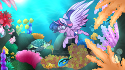 Size: 1024x576 | Tagged: safe, artist:twisted-sketch, twilight sparkle, alicorn, fish, pony, turtle, g4, clothes, coral reef, diving, female, goggles, mare, obtrusive watermark, one-piece swimsuit, open-back swimsuit, print, solo, spread wings, swimming, swimsuit, twilight sparkle (alicorn), underwater, watermark, wings
