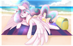 Size: 1024x640 | Tagged: safe, artist:twisted-sketch, princess celestia, alicorn, pony, g4, beach, beach towel, clothes, female, looking at you, ocean, one-piece swimsuit, open-back swimsuit, print, prone, solo, swimsuit, towel, watermark