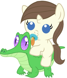 Size: 786x917 | Tagged: safe, artist:red4567, gummy, oc, alligator, pony, unicorn, g4, baby, baby pony, cute, michelle creber, ocbetes, pacifier, ponies riding gators, ponified, riding, simple background, white background