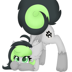 Size: 1280x1280 | Tagged: safe, artist:pegamutt, oc, oc only, oc:bree jetpaw, dog pony, pony, bending, covering mouth, cute, face down ass up, fluffy, paws, simple background, white background