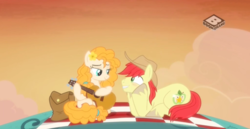 Size: 1366x703 | Tagged: safe, screencap, bright mac, pear butter, earth pony, pony, g4, the perfect pear, cowboy hat, female, guitar, hat, male, picnic, ship:brightbutter, shipping, stetson, straight