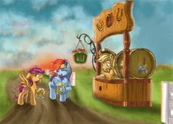 Size: 1400x1000 | Tagged: safe, artist:redheadfly, applejack, rainbow dash, scootaloo, earth pony, pegasus, pony, g4, apple cider, cider, cowboy hat, dirt road, female, hat, hoof hold, open mouth, scenery, sour, stall, stetson