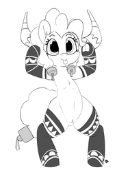 Size: 5000x6566 | Tagged: dead source, safe, artist:pabbley, pinkie pie, earth pony, pony, g4, not asking for trouble, absurd resolution, armpits, belly button, bipedal, chest fluff, clothes, cute, female, helmet, honorary yak horns, horned helmet, monochrome, pubic fluff, pubic mound, simple background, socks, solo, stockings, thigh highs, tongue out, viking helmet, white background