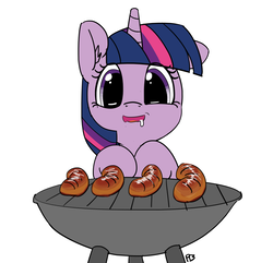 Size: 6949x6708 | Tagged: safe, artist:pabbley, twilight sparkle, pony, unicorn, g4, absurd resolution, cute, drool, eyes on the prize, female, floppy ears, food, grill, hooves together, mare, meat, omnivore twilight, one ear down, open mouth, ponies eating meat, ponies wanting to eat meat, puns in the comments, sausage, she knows, simple background, smiling, solo, twiabetes, unicorn twilight, white background