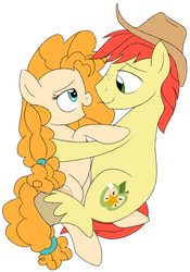 Size: 1179x1685 | Tagged: artist needed, safe, bright mac, pear butter, earth pony, pony, g4, the perfect pear, bedroom eyes, couple, eye contact, female, looking at each other, male, mare, ship:brightbutter, shipping, simple background, stallion, straight, white background