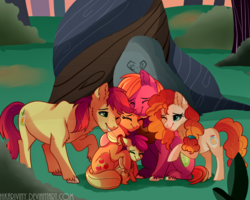 Size: 1024x819 | Tagged: dead source, safe, artist:hikariviny, apple bloom, applejack, big macintosh, bright mac, pear butter, ghost, pony, undead, g4, the perfect pear, bright mac's ghost, cute, family, female, filly, happy, male, mare, outdoors, pear butter's ghost, ship:brightbutter, shipping, smiling, spirit, stallion, straight, transparent, tree