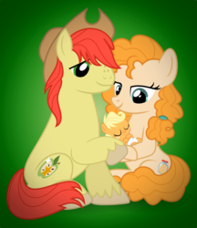 Size: 5170x5985 | Tagged: safe, artist:jhayarr23, applejack, bright mac, pear butter, earth pony, pony, a royal problem, g4, the perfect pear, absurd resolution, baby, baby pony, babyjack, cowboy hat, cute, family, female, foal, gradient background, hat, male, mare, ship:brightbutter, shipping, sitting, sleeping, smiling, stallion, stetson, straight, trio