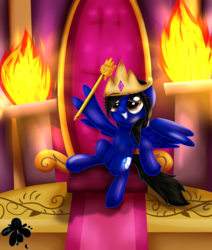 Size: 2800x3300 | Tagged: safe, artist:katakiuchi4u, oc, oc only, pegasus, pony, commission, crown, cute, high res, jewelry, regalia, scepter, smiling, solo, throne