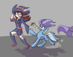 Size: 2300x1800 | Tagged: safe, artist:jellerjar, trixie, human, pony, unicorn, g4, 4chan, akko kagari, belt, boots, cape, clothes, cute, drawthread, dress, hat, little witch academia, looking back, mouth hold, open mouth, running, side slit, skirt, smiling, trixie's cape, trixie's hat, witch hat