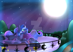 Size: 1024x731 | Tagged: safe, artist:twisted-sketch, princess luna, alicorn, pony, bronycon 2016, g4, balcony, deviantart watermark, female, looking up, moon, obtrusive watermark, print, solo, watermark