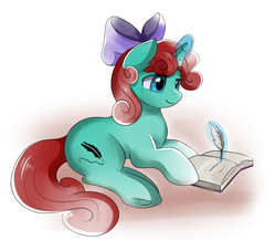 Size: 2791x2426 | Tagged: safe, artist:pridark, oc, oc only, pony, unicorn, bow, commission, feather, female, hair bow, high res, journal, levitation, magic, mare, pen, simple background, smiling, solo, telekinesis, white background, writing