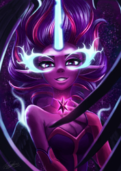 Size: 2480x3508 | Tagged: safe, artist:icerrhythm, sci-twi, twilight sparkle, equestria girls, g4, breasts, busty twilight sparkle, choker, cleavage, clothes, evening gloves, evil, evil smile, female, gloves, grin, high res, long gloves, looking at you, midnight sparkle, smiling, solo, wings