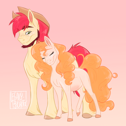 Size: 950x954 | Tagged: safe, artist:cranberry--zombie, bright mac, pear butter, earth pony, pony, g4, the perfect pear, applejack's parents, beard, facial hair, female, male, nuzzling, pregnant, ship:brightbutter, shipping, signature, simple background, straight