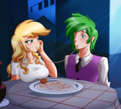 Size: 1281x1146 | Tagged: safe, artist:thebrokencog, applejack, spike, human, g4, blushing, breasts, busty applejack, clothes, female, food, humanized, lady and the tramp, looking at each other, male, older, older spike, pasta, ship:applespike, shipping, smiling, spaghetti, straight