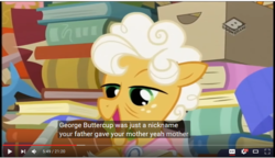 Size: 843x486 | Tagged: safe, screencap, goldie delicious, pony, g4, the perfect pear, book, box, meme, youtube caption