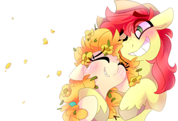 Size: 3500x2400 | Tagged: safe, artist:nekosnicker, bright mac, pear butter, pony, g4, the perfect pear, applejack's parents, blushing, eyes closed, female, flower, flower in hair, flower petals, high res, hug, male, ship:brightbutter, shipping, simple background, snuggling, straight