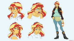 Size: 1920x1080 | Tagged: safe, artist:atariboy2600, sunset shimmer, comic:the amazonian effect, equestria girls, g4, blue background, boots, bust, can, clothes, female, high heel boots, jacket, leather jacket, looking at you, reference sheet, simple background, sleeveless, soda, soda can, solo
