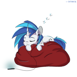 Size: 2626x2626 | Tagged: safe, artist:ratann, dj pon-3, vinyl scratch, pony, g4, beanbag chair, curved horn, cute, earbuds, female, high res, horn, ipod, mp3 player, simple background, sleeping, solo, vinylbetes, white background, zzz