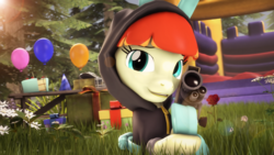 Size: 2560x1440 | Tagged: safe, artist:redaceofspades, oc, oc only, pony, 3d, balloon, cake, female, food, gift art, looking at you, mare, smiling, solo