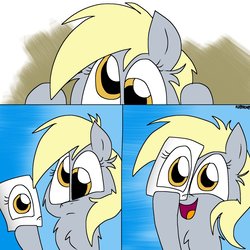 Size: 1200x1200 | Tagged: safe, artist:kdbrony, derpy hooves, pegasus, pony, g4, comic, derp, fake eyes, female, mare, paper, smiling, solo, underp