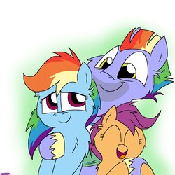 Size: 1200x1200 | Tagged: safe, artist:kdbrony, bow hothoof, rainbow dash, scootaloo, pegasus, pony, g4, cute, eyes closed, female, hug, laughing, male, mare, scootalove, smiling, stallion, trio