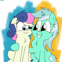 Size: 1200x1200 | Tagged: safe, artist:kdbrony, bon bon, lyra heartstrings, sweetie drops, earth pony, pony, unicorn, g4, cute, duo, duo female, female, hug, looking at each other, mare, smiling