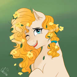 Size: 4000x4000 | Tagged: safe, artist:varshacoro, pear butter, earth pony, pony, g4, the perfect pear, absurd resolution, cute, female, flower, flower in hair, gradient background, mare, one eye closed, pearabetes, solo