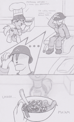 Size: 915x1501 | Tagged: safe, artist:lockerobster, oc, oc only, oc:anon, pony, apron, chef's hat, clothes, comic, hat, helmet, monochrome, poker chips, sergeant reckless, warpone