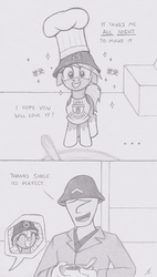 Size: 919x1615 | Tagged: safe, artist:lockerobster, oc, oc only, oc:anon, pony, apron, chef's hat, clothes, comic, female, floppy ears, hat, helmet, korean, mare, monochrome, sergeant reckless, traditional art, warpone