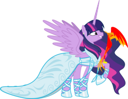 Size: 4491x3460 | Tagged: safe, artist:bigmk, philomena, twilight sparkle, alicorn, phoenix, pony, g4, clothes, dress, duo, duo female, ethereal mane, female, high res, mare, older, raised hoof, simple background, transparent background, twilight sparkle (alicorn), ultimate twilight, vector