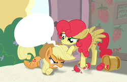 Size: 1664x1080 | Tagged: safe, artist:soshyqqq, applejack, strawberry sunrise, pony, g4, honest apple, abuse, angry, apple, crying, duo, food, jackabuse, meme template, strawberry savage, tantrum, tears of anger, tears of rage, tied up