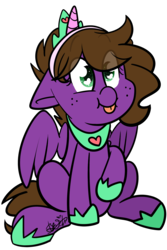 Size: 1899x2839 | Tagged: safe, artist:befishproductions, oc, oc only, oc:befish, pegasus, pony, fake horn, female, heart eyes, mare, signature, simple background, sitting, solo, tongue out, transparent background, wingding eyes