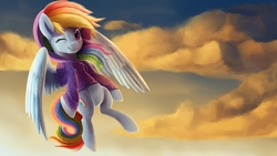 Size: 3840x2160 | Tagged: safe, artist:camyllea, rainbow dash, pegasus, pony, clothes, cloud, cute, dashabetes, female, flying, hoodie, looking at you, mare, multicolored hair, one eye closed, sky, smiling, solo, wink