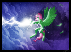 Size: 1600x1186 | Tagged: safe, artist:opalacorn, oc, oc only, pony, cloud, flying, lightning, solo, storm